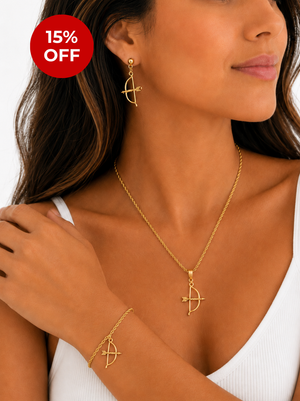 Conjunto Ofá de Oxóssi: Brinco, Pulseira e Corrente C/ Pingente - Banhados a Ouro e Verniz italiano