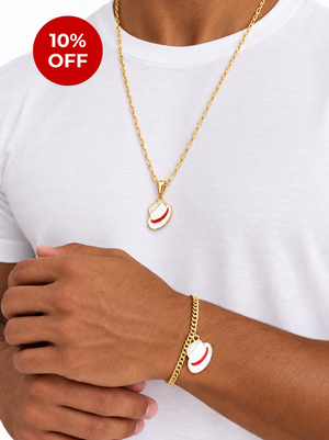 Conjunto Chapéu de Malandro: Pulseira + Corrente C/ Pingente - Banhado a Ouro e Verniz Italiano