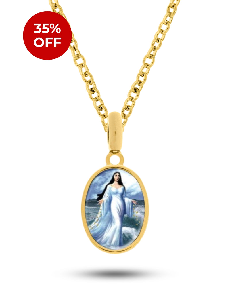 Kit Pingente Iemanjá (23mm) + Corrente Elo Português (1,5mm) 50, 60 ou 70 cm - Banhada a Ouro e Verniz Italiano