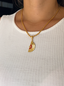 Kit Pingente Leque Vermelho (33mm) + Corrente Cordão Baiano (2mm) 50, 60 ou 70 cm -  Banhado a Ouro e Verniz Italiano