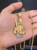 Kit Pingente Orixá Ogum Banhada a Ouro 18k e Cravejada C/ Micro Zircônias + Corrente Cordão Baiano (1 mm) 65cm