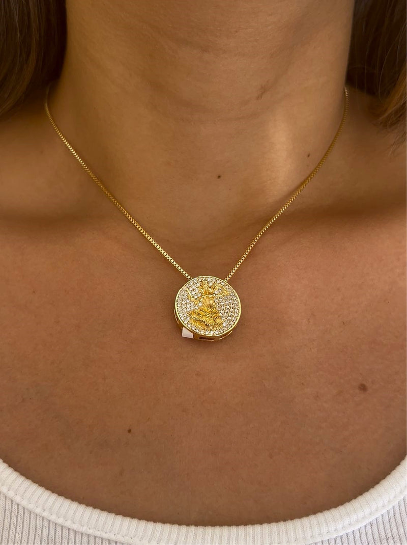 Kit Pingente Mini Mandala Iansã Banhada a Ouro 18k e Cravejada C/ Micro Zircônias + Corrente Veneziana (1 mm) 40cm
