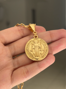 Kit Pingente Medalha São Bento (29mm) + Corrente Cadeado (2mm) 60 cm ou 70 cm - Banhada a Ouro e Verniz Italiano