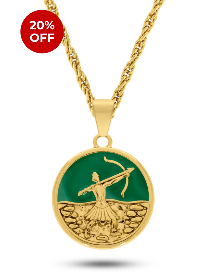 Kit Pingente Oxóssi (26mm) + Corrente Cordão Baiano (2mm) de 60 ou 70 cm Banhada a Ouro e Verniz Italiano.