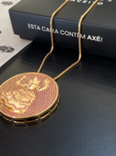 Kit Pingente Mandala Grande Iansã Banhada a Ouro 18k e Cravejada C/ Micro Zircônias Rosa + Corrente Veneziana 60cm