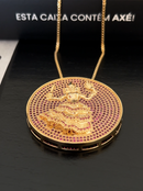 Kit Pingente Mandala Grande Iansã Banhada a Ouro 18k e Cravejada C/ Micro Zircônias Rosa + Corrente Veneziana 60cm