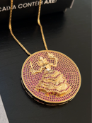 Kit Pingente Mandala Grande Iansã Banhada a Ouro 18k e Cravejada C/ Micro Zircônias Rosa + Corrente Veneziana 60cm