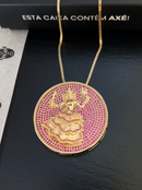 Kit Pingente Mandala Grande Iansã Banhada a Ouro 18k e Cravejada C/ Micro Zircônias Rosa + Corrente Veneziana 60cm