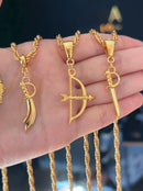 Kit Pingente Ofá de Oxóssi (34mm) + Corrente Cordão Baiano (2mm) de 50, 60 ou 70 cm - Banhada a Ouro e Verniz Italiano