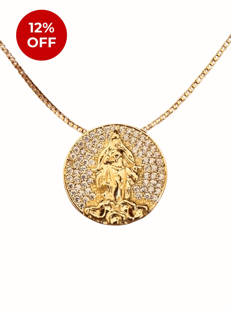 Kit Pingente Mini Mandala Iemanjá Banhada a Ouro 18k e Cravejada C/ Micro Zircônias + Corrente Veneziana (1 mm) 40cm