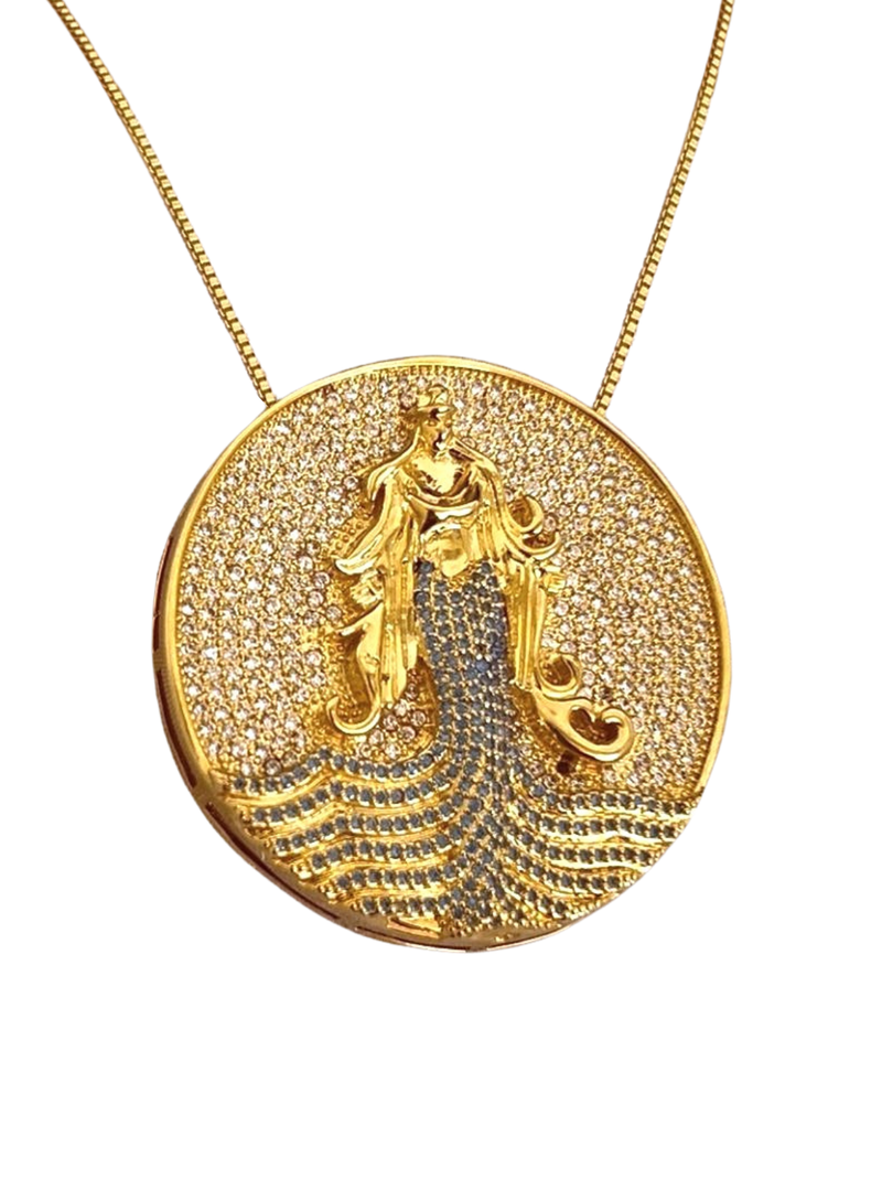 Kit Pingente Mandala Grande Iemanjá Banhada a Ouro 18k e Cravejada C/ Microzircônias Cristal + Corrente Veneziana 60cm