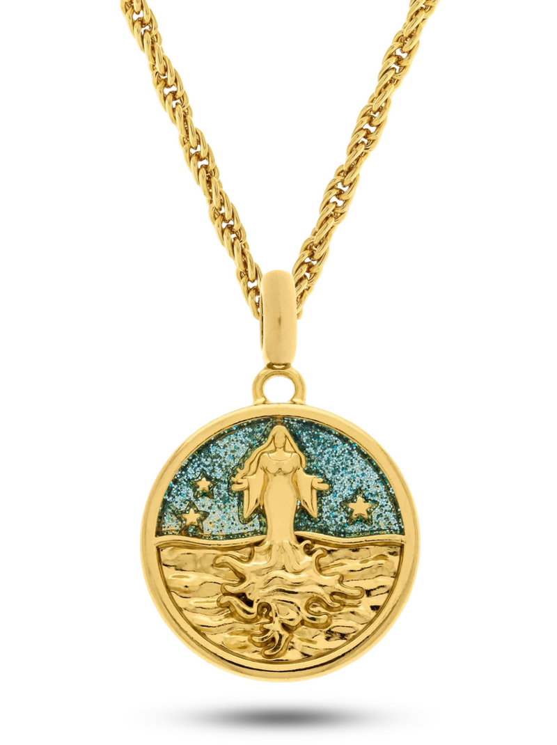 Kit Pingente Yemanjá (26mm) + Corrente Cordão Baiano (2mm) de 50, 60 ou 70 cm Banhada a Ouro e Verniz Italiano.