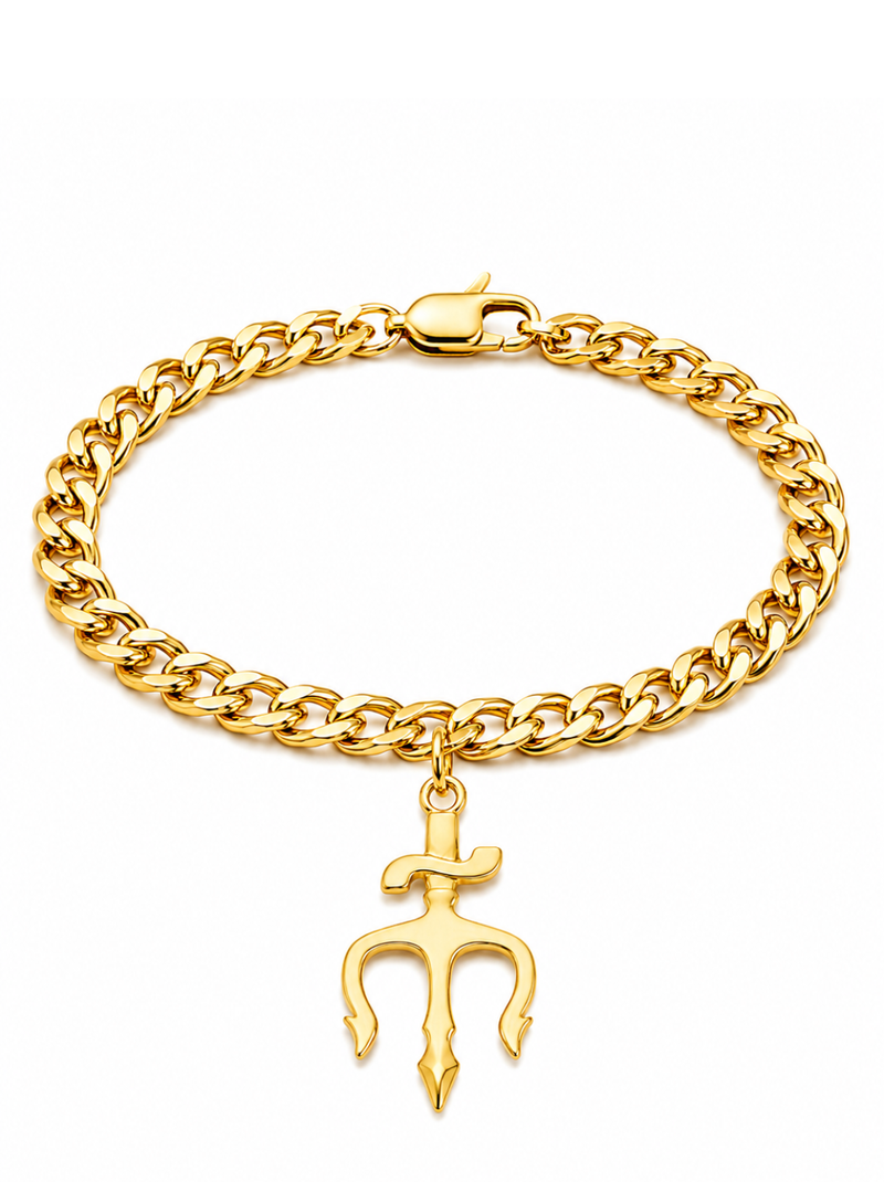 Pulseira Tridente de Proteção C/ Grumet (5mm) de 18, 20 ou 22cm - Banhada a Ouro e Verniz Italiano