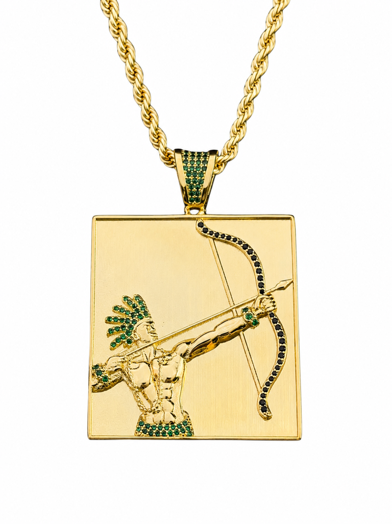 Kit Pingente Orixá Oxóssi Banhada A Ouro 18k E Cravejada C/ Microzircônias Verde + Corrente Cordão Baiano (1 mm) 65cm