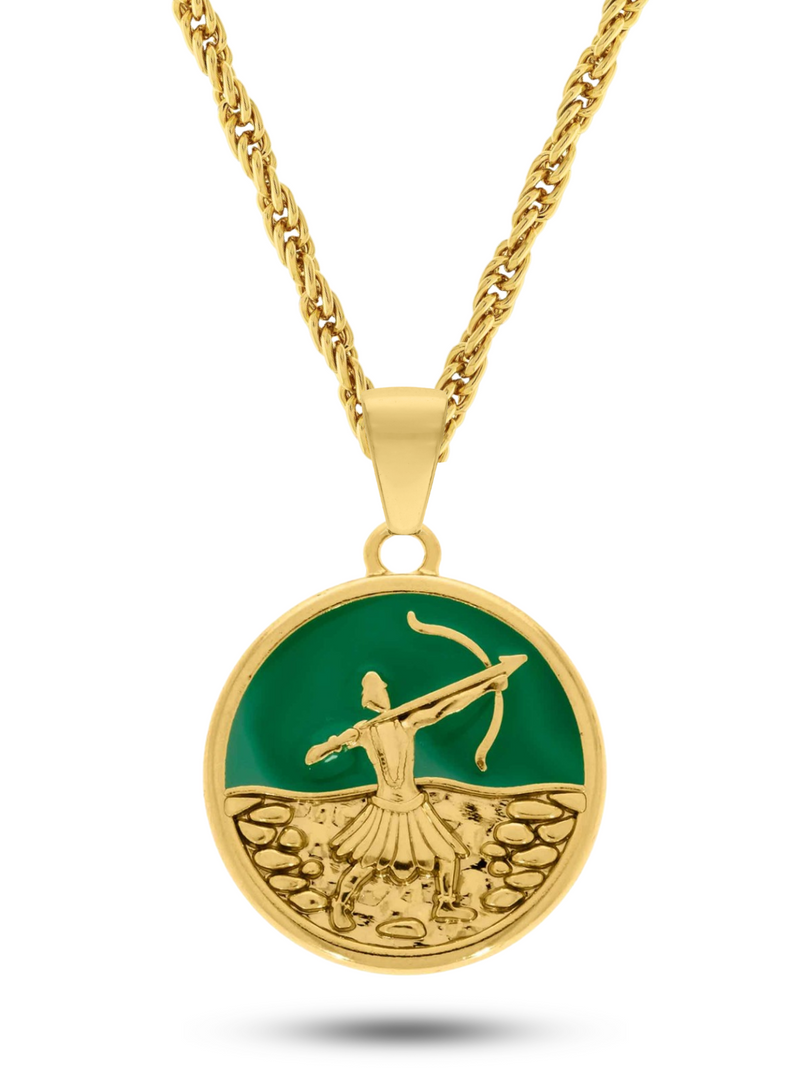 Kit Pingente Oxóssi (26mm) + Corrente Cordão Baiano (2mm) de 60 ou 70 cm Banhada a Ouro e Verniz Italiano.