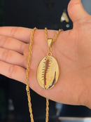 Kit Pingente Búzio (46mm) + Corrente Cordão Baiano (2mm) 60 cm ou 70 cm - Banhado a Ouro e Verniz Italiano