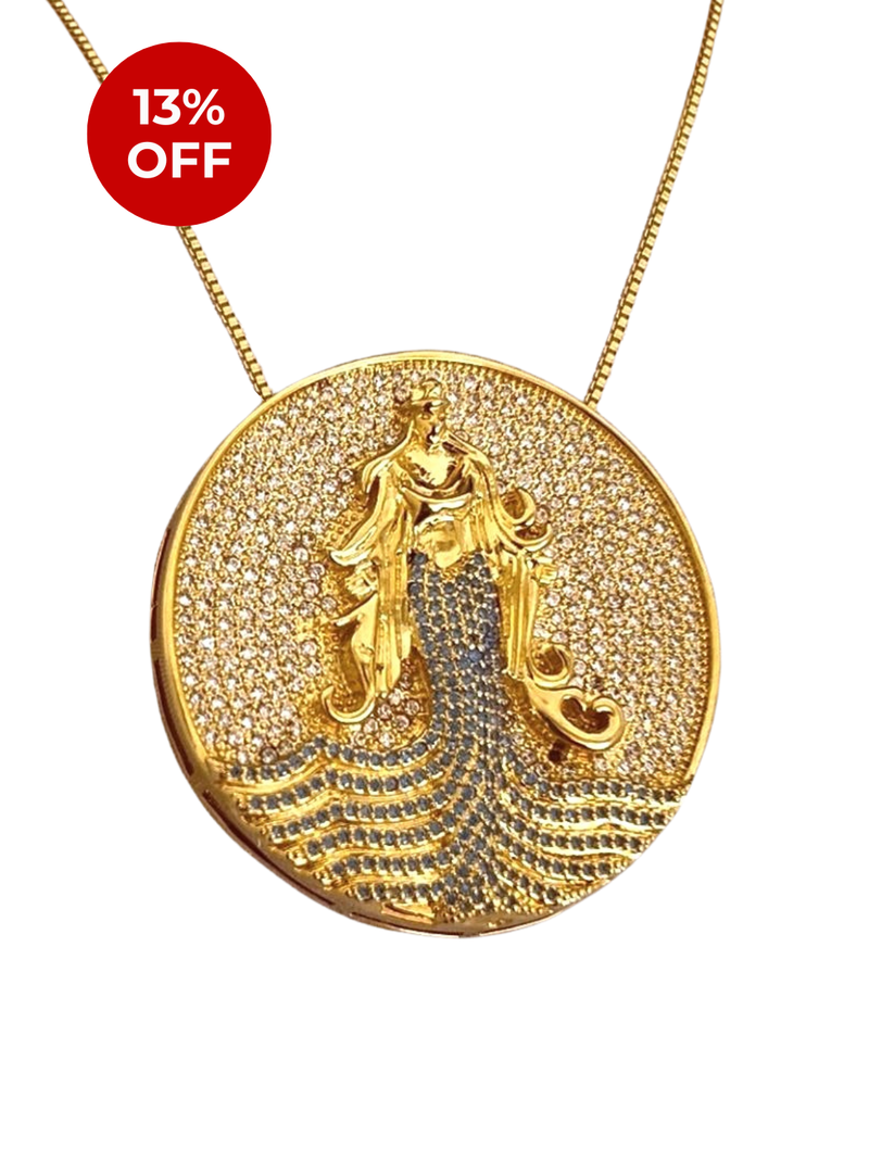 Kit Pingente Mandala Grande Iemanjá Banhada a Ouro 18k e Cravejada C/ Microzircônias Cristal + Corrente Veneziana 60cm