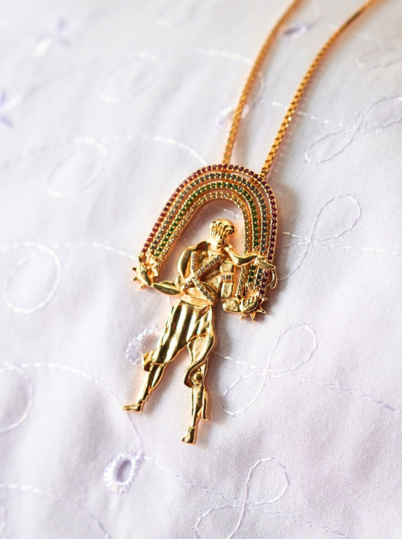 Kit Pingente Orixá Oxumarê Banhada a Ouro 18k e Cravejada C/ Micro Zircônias + Corrente Cordão Baiano (1 mm) 65cm (Cópia)