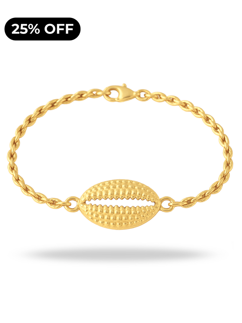 Pulseira Cordão Baiano (2mm) Unissex de 18 ou 20 cm + Pingente Búzio (25mm) - Banhada a Ouro e Verniz Italiano
