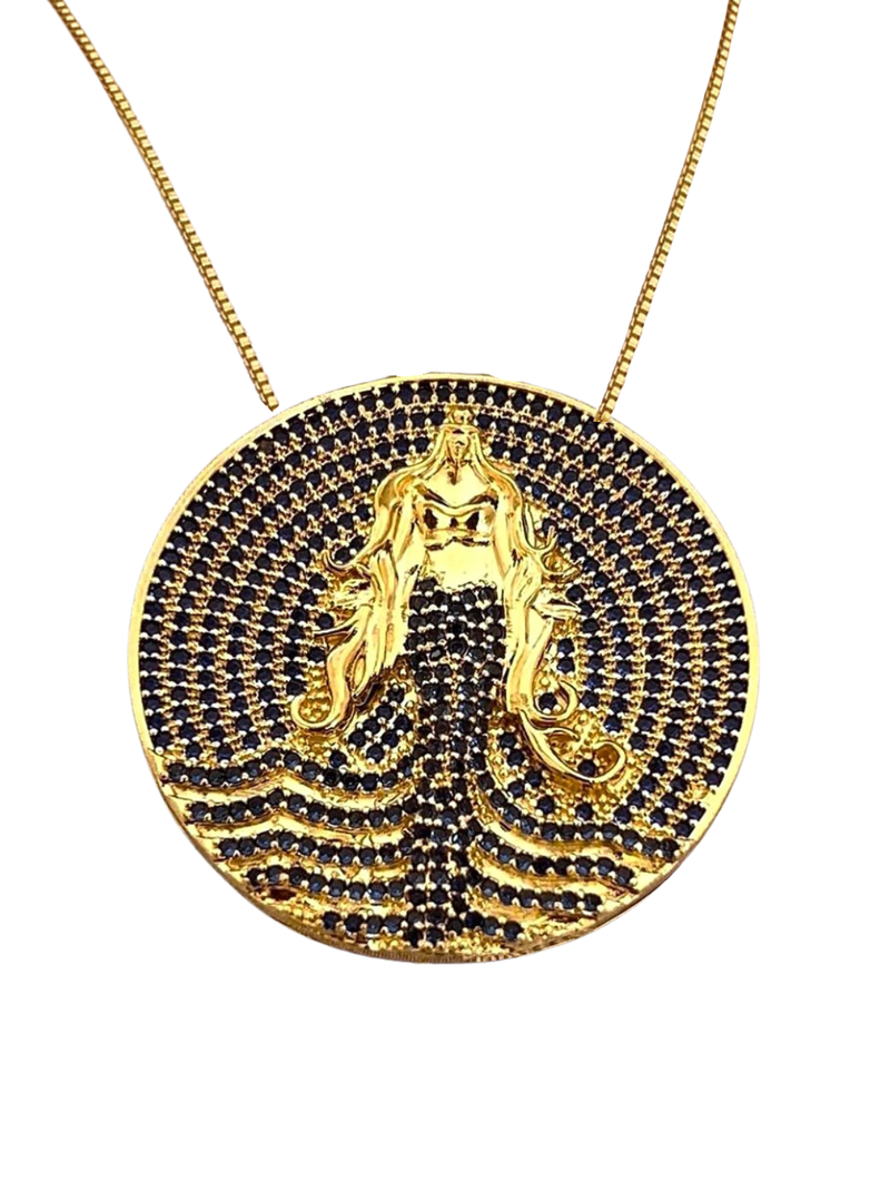 Kit Pingente Mandala Grande Iemanjá Banhada A Ouro 18k e Cravejada Com Micro Zircônias Azul + Corrente Veneziana 60cm