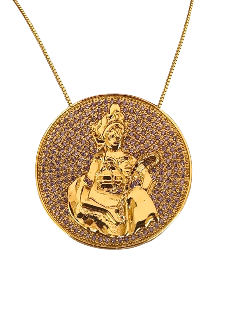Kit Pingente Mandala Grande Nanã Banhada a Ouro 18K e Cravejada C/ Micro Zircônias Lilás + Corrente Veneziana 60cm
