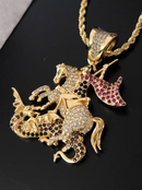 Kit Pingente São Jorge Banhada a Ouro 18k e Cravejada C/ Micro Zircônias + Corrente Cordão Baiano (1 mm) 65cm