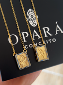 Escapulário Caixa Oxóssi C/ Microzircônias Azul Banhada a Ouro 18k + Corrente Cadeado (1 mm) 70cm