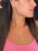 Conjunto Ofá de Oxóssi: Brinco, Pulseira e Corrente C/ Pingente - Banhados a Ouro e Verniz italiano
