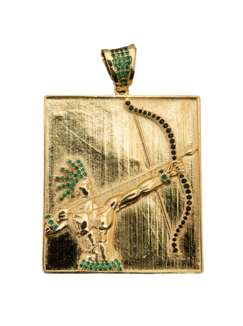 Kit Pingente Orixá Oxóssi Banhada A Ouro 18k E Cravejada C/ Microzircônias Verde + Corrente Cordão Baiano (1 mm) 65cm