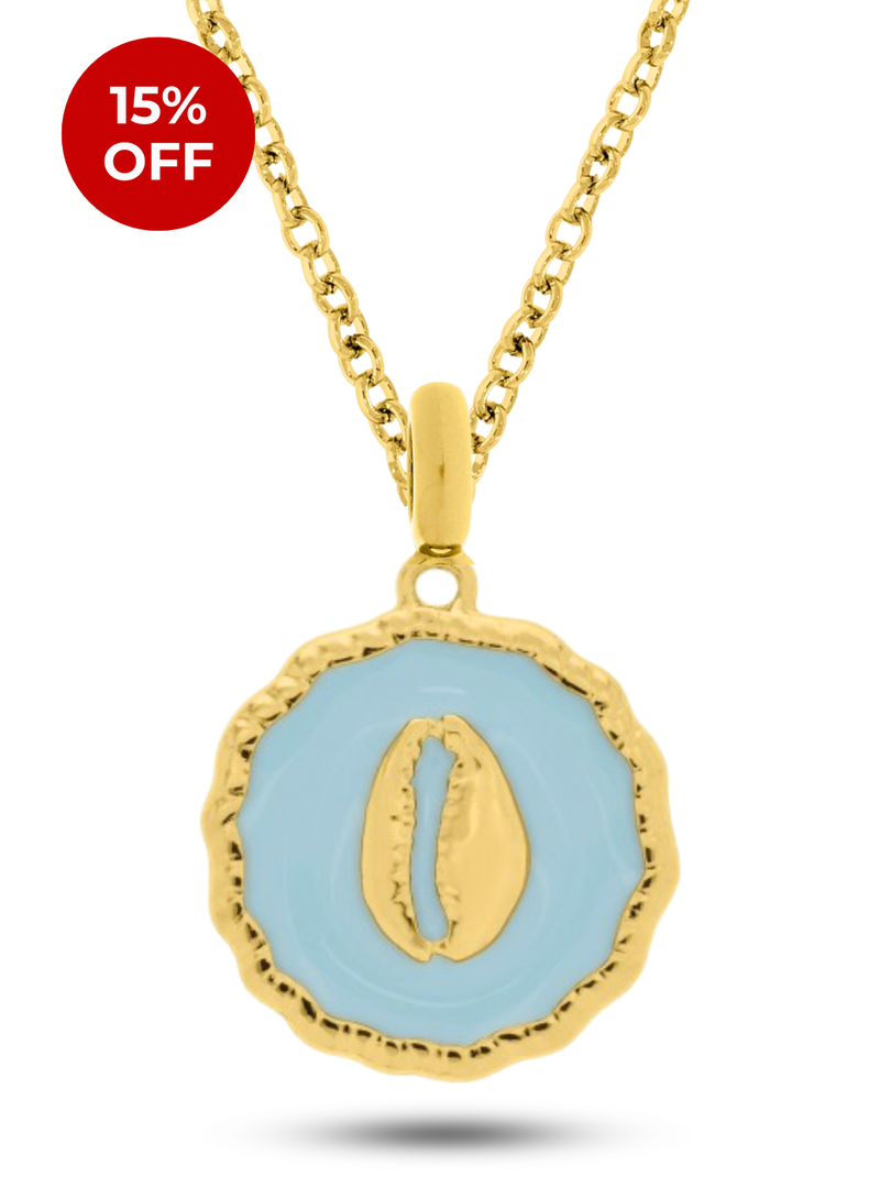 Kit Pingente Búzio Medalha Azul (34mm) + Corrente Elo Português (1,5mm) 50, 60 ou 70 cm - Banhada a Ouro e Verniz Italiano