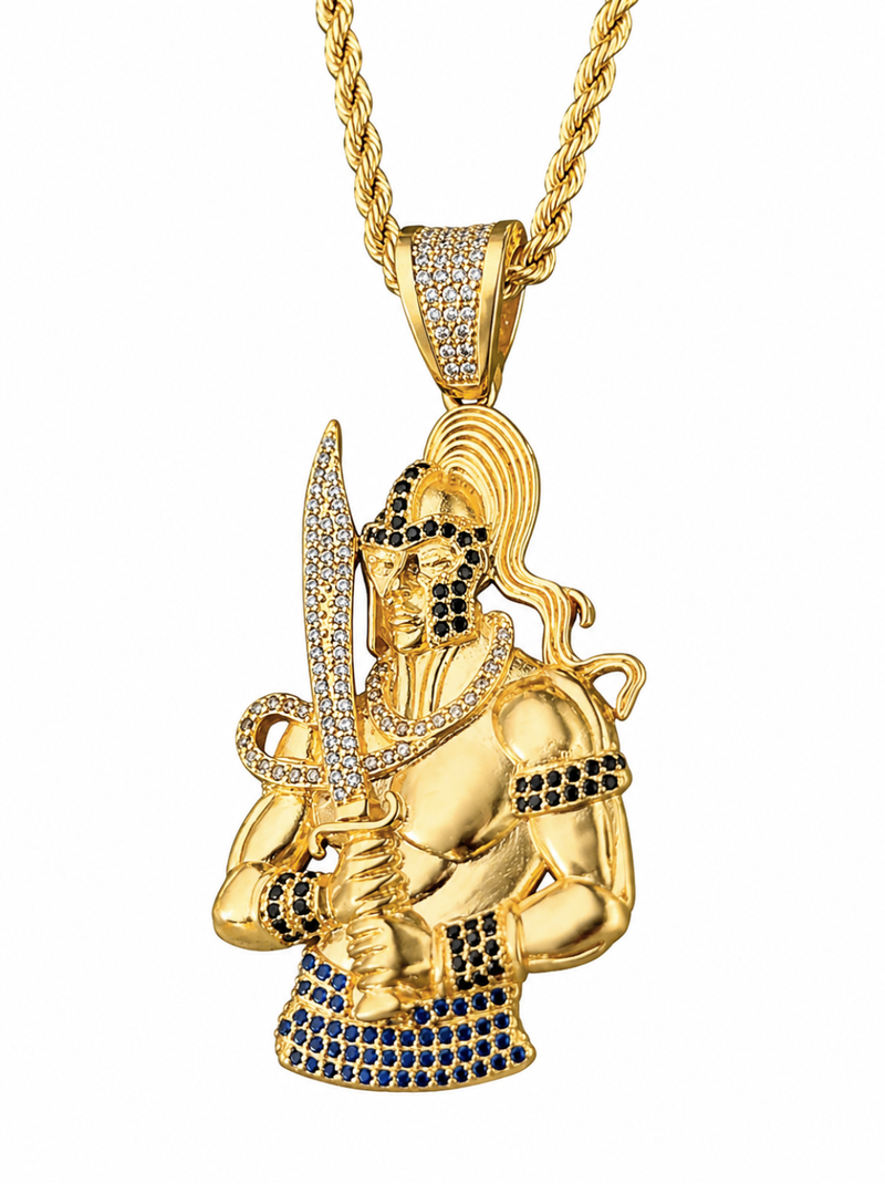 Kit Pingente Orixá Ogum Banhada a Ouro 18k e Cravejada C/ Micro Zircônias + Corrente Cordão Baiano (1 mm) 65cm