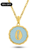 Kit Pingente Búzio Medalha Azul (34mm) + Corrente Elo Português (1,5mm) 50, 60 ou 70 cm - Banhada a Ouro e Verniz Italiano