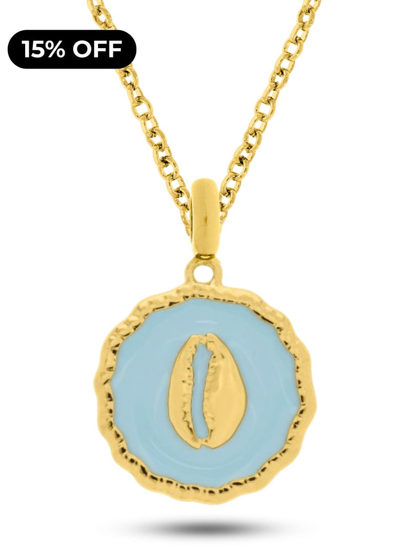 Kit Pingente Búzio Medalha Azul (34mm) + Corrente Elo Português (1,5mm) 50, 60 ou 70 cm - Banhada a Ouro e Verniz Italiano