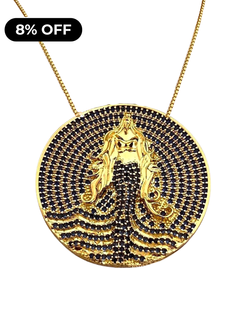 Kit Pingente Mandala Grande Iemanjá Banhada A Ouro 18k e Cravejada Com Micro Zircônias Azul + Corrente Veneziana 60cm