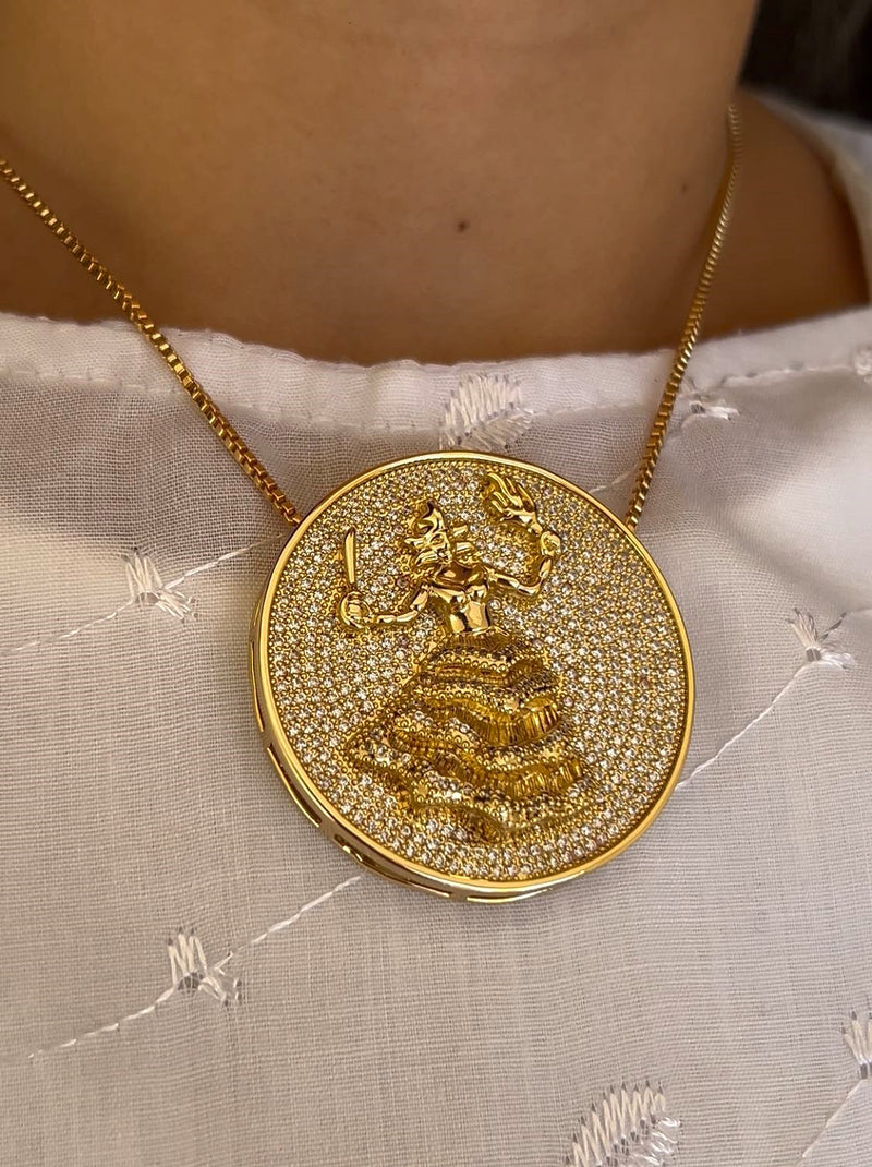 Kit Pingente Mandala Grande Iansã Banhada a Ouro 18k e Cravejada C/ Micro Zircônias Cristal + Corrente Veneziana 60cm