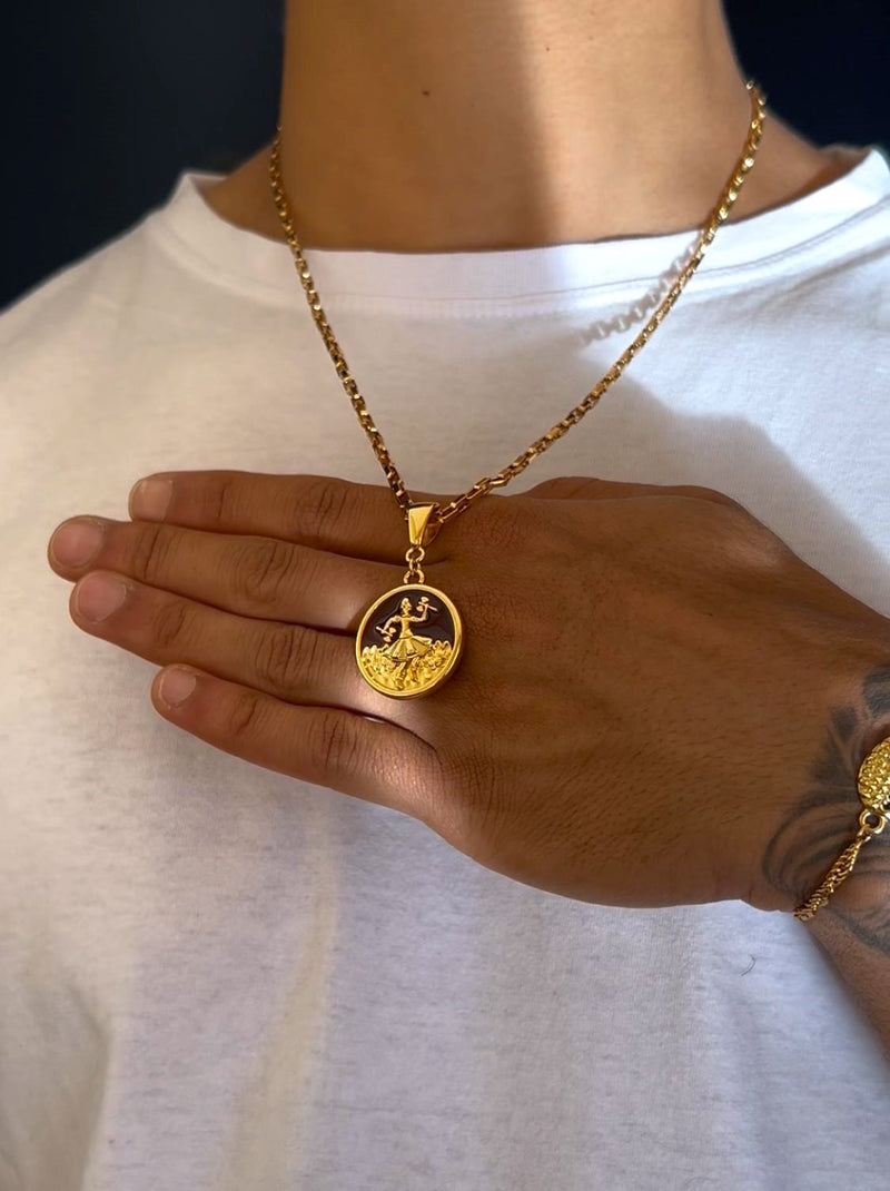 Kit Pingente Xangô (26mm) + Corrente Elo Chapado (3mm) de 60 ou 70 cm Banhado a Ouro e Verniz Italiano