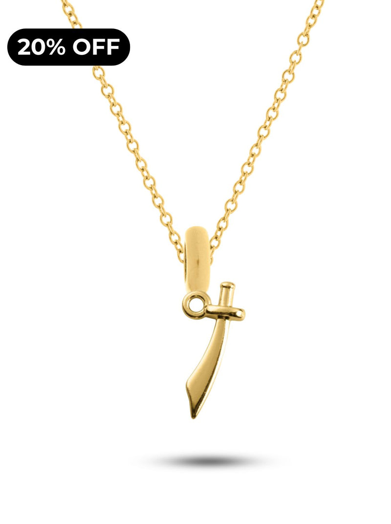 Kit Pingente Espada de Iansã (19mm) + Corrente Elo Português (1mm) de 60 cm ou 70 cm - Banhada a Ouro e Verniz Italiano