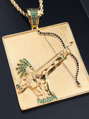 Kit Pingente Orixá Oxóssi Banhada A Ouro 18k E Cravejada C/ Microzircônias Verde + Corrente Cordão Baiano (1 mm) 65cm