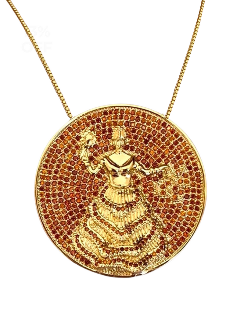 Kit Pingente Mandala Grande Oxum Banhada a Ouro 18k e Cravejada C/ Micro Zircônias Granada+ Corrente Veneziana 60cm