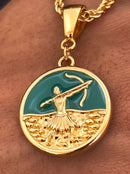 Kit Pingente Oxóssi (26mm) + Corrente Cordão Baiano (2mm) de 60 ou 70 cm Banhada a Ouro e Verniz Italiano.