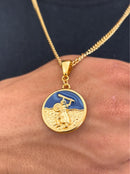 Kit Pingente Ogum (26mm) + Corrente Grumet (3mm) de 60 ou 70 cm Banhada a Ouro e Verniz Italiano.