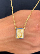 Escapulário Caixa Orixá Ogum C/ Microzircônias Azul Banhada a Ouro 18k + Corrente Cadeado (1 mm) 60cm