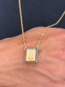 Escapulário Caixa Orixá Ogum C/ Microzircônias Azul Banhada a Ouro 18k + Corrente Cadeado (1 mm) 60cm
