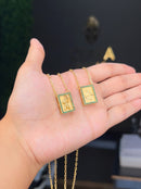 Escapulário Caixa Orixá Oxóssi C/ Microzircônias Verde Banhada a Ouro 18k + Corrente Cadeado (1 mm) 70cm