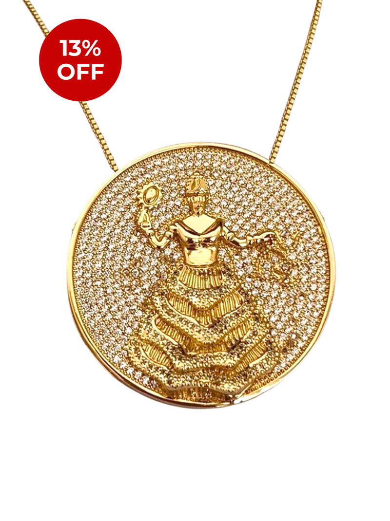 Kit Pingente Mandala Grande Oxum Banhada a Ouro 18k e Cravejada C/ Micro Zircônias Cristal + Corrente Veneziana 60cm