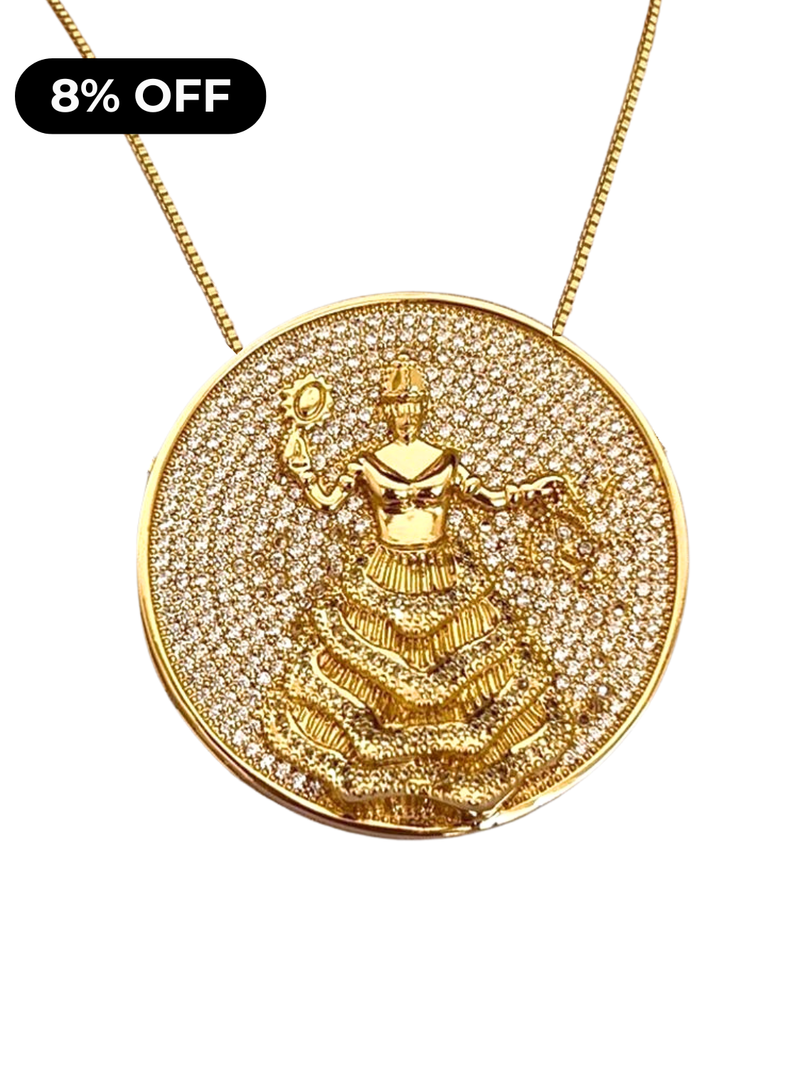 Kit Pingente Mandala Grande Oxum Banhada a Ouro 18k e Cravejada C/ Micro Zircônias Cristal + Corrente Veneziana 60cm