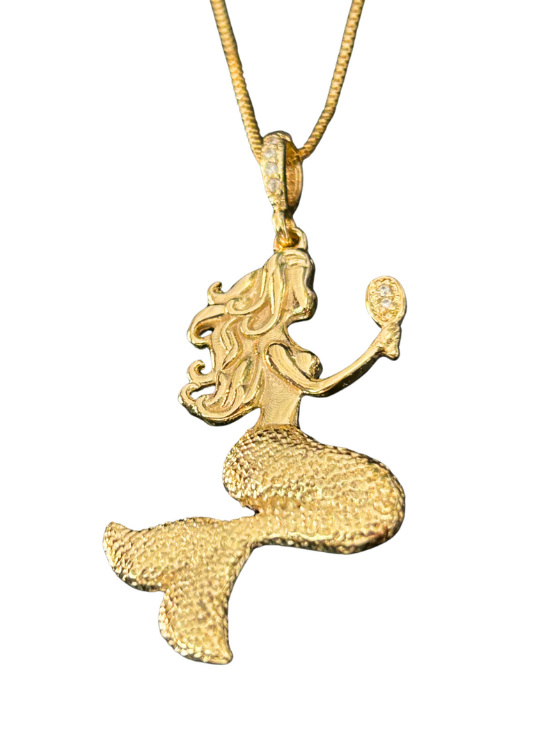 Kit Pingente Sereia Grande Banhada A Ouro 18k e Cravejada Com Micro Zircônias + Corrente Veneziana (1 mm) 70cm