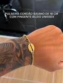 Pulseira Cordão Baiano (2mm) Unissex de 18, 20 ou 22cm + Pingente Búzio (25mm) - Banhada a Ouro e Verniz Italiano