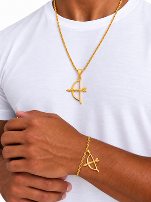 Conjunto Ofá de Oxóssi: Pulseira + Corrente C/ Pingente - Banhados a Ouro e Verniz italiano