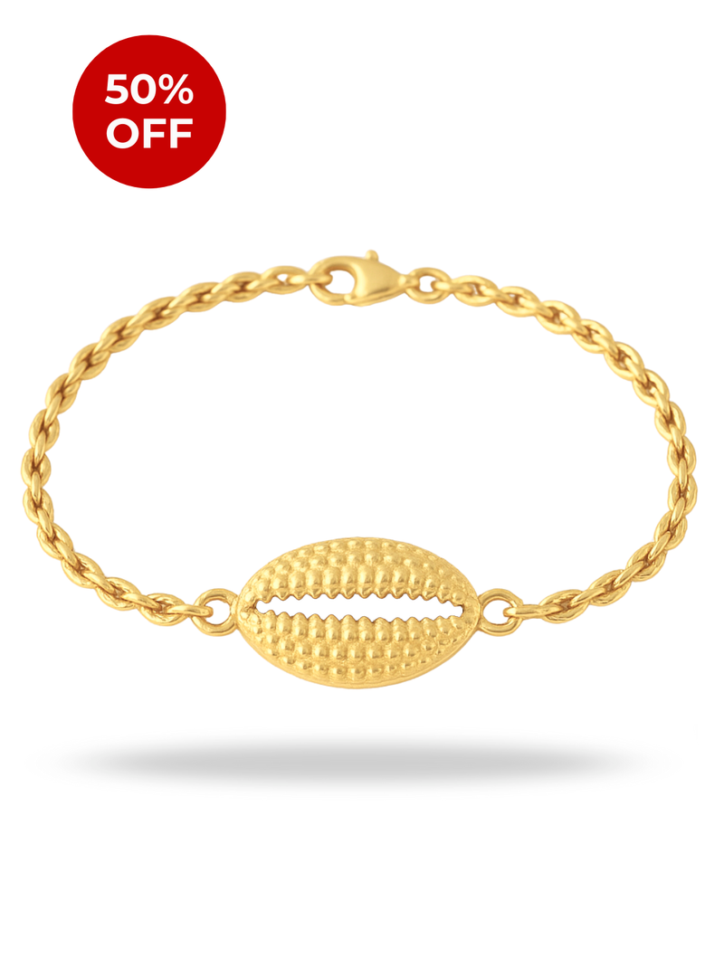 Pulseira Cordão Baiano (2mm) Unissex de 18, 20 ou 22cm + Pingente Búzio (25mm) - Banhada a Ouro e Verniz Italiano